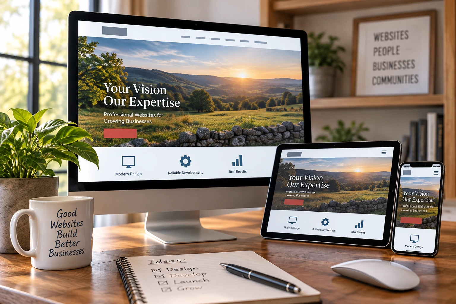 Professional web design shown across desktop, tablet and mobile screens